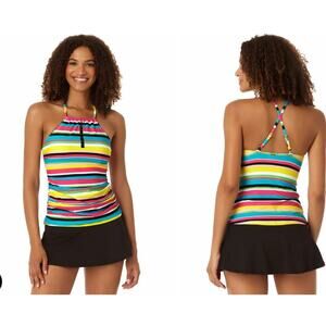 Anne Cole Center Tab High Neck Tankini Swim Top Size Small Striped NEW